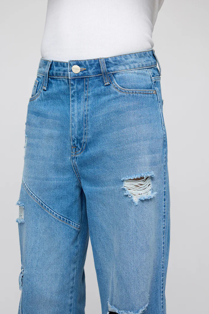 Comfortable Blue Streetwise Torn Jeans for Men in Classic Straight Fit Style