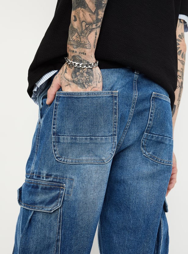 Men Washed Loose Fit Cargo Jeans Comfortable Oversized Denim Pants with Utility Style