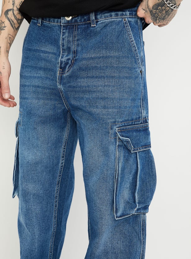 Men Washed Loose Fit Cargo Jeans Comfortable Oversized Denim Pants with Utility Style
