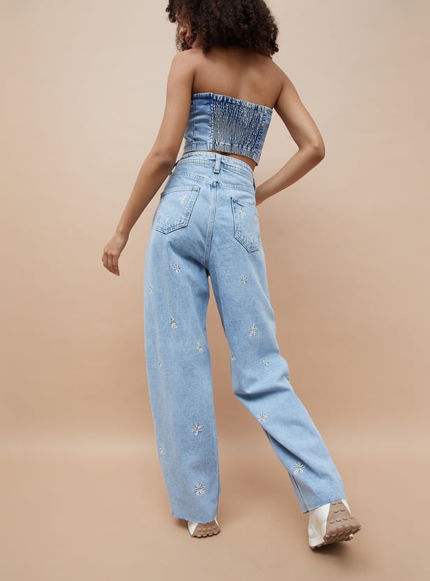 Women's Embroidered Wide-Leg Jeans – Stylish High-Waist Denim with Intricate Detailing for Casual & Festive Wear
