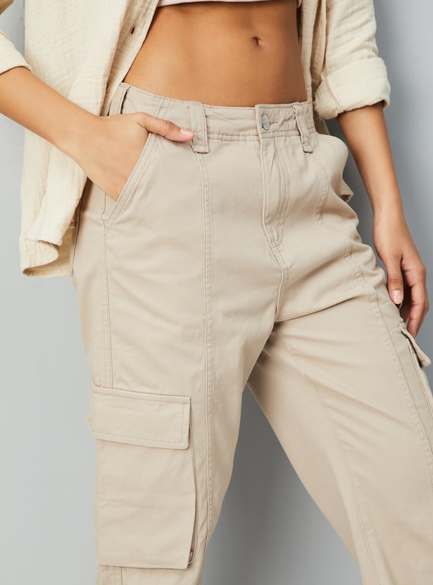 Comfortable Women’s Solid Cargo Denim Pants with Straight Relaxed Fit