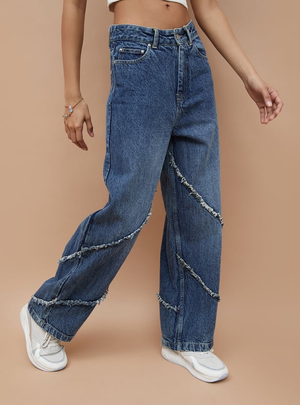 Women's Fringe Detailed Wide Leg Jeans Stylish Casual Denim with Decorative Hem for Everyday Fashion