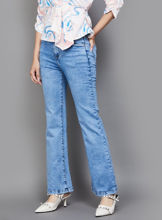 Classic Women's High Waist Washed Flared Jeans Comfortable Fit with Subtle Faded Wash for Everyday Style