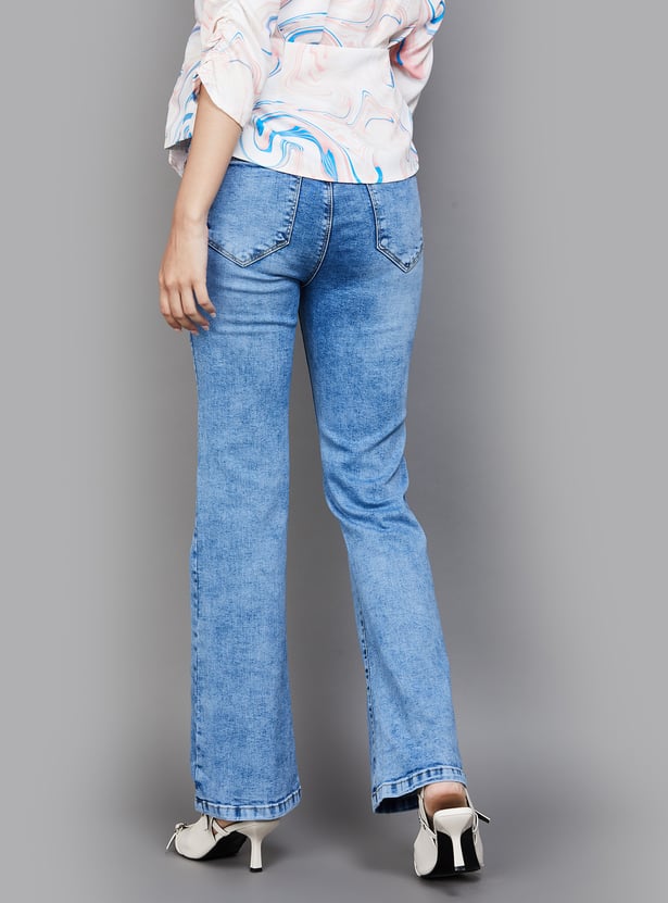 Classic Women's High Waist Washed Flared Jeans Comfortable Fit with Subtle Faded Wash for Everyday Style