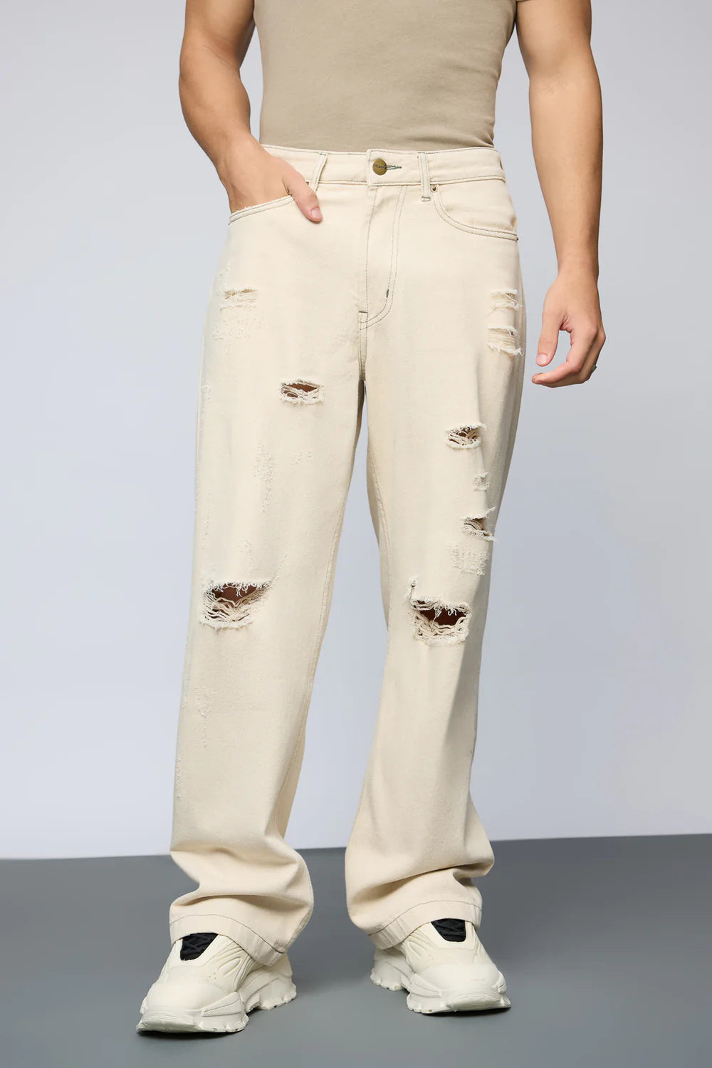 Stylish Ecru Escape Distressed Men’s Baggy Straight Leg Jeans Modern Casual Streetwear Denim