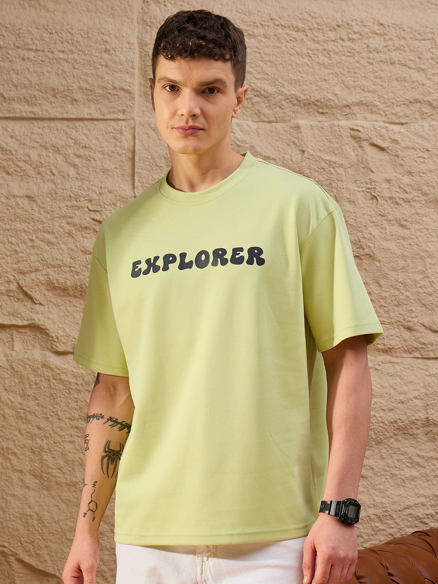Mens Green Drop Shoulder Oversized T-Shirt with Classic Round Neck and Modern Look