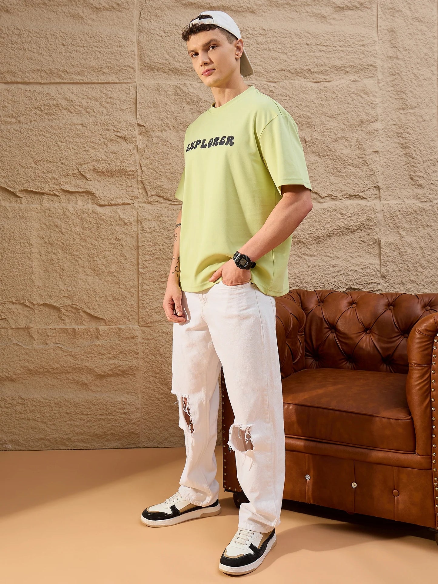 Mens Green Drop Shoulder Oversized T-Shirt with Classic Round Neck and Modern Look