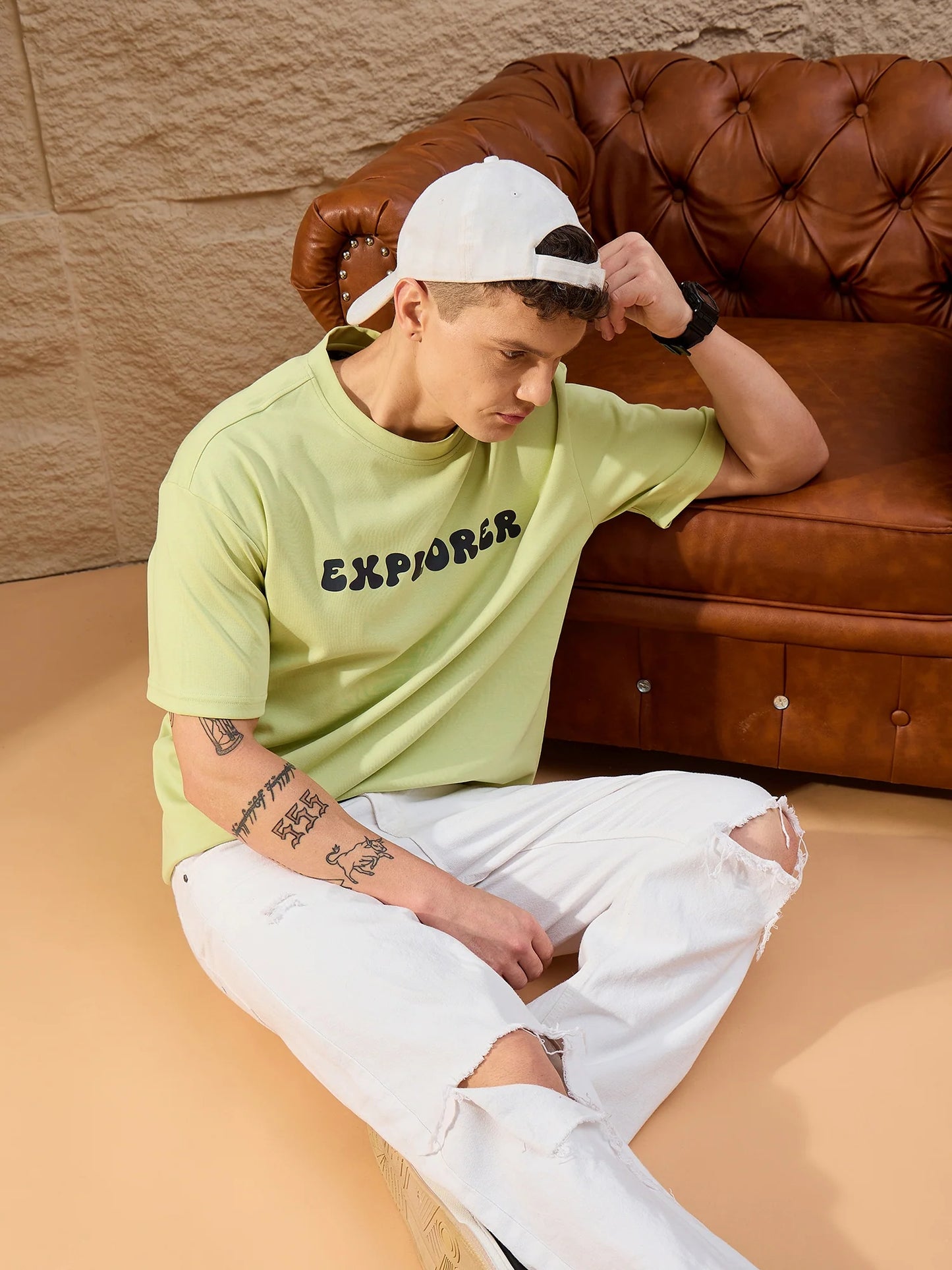 Mens Green Drop Shoulder Oversized T-Shirt with Classic Round Neck and Modern Look