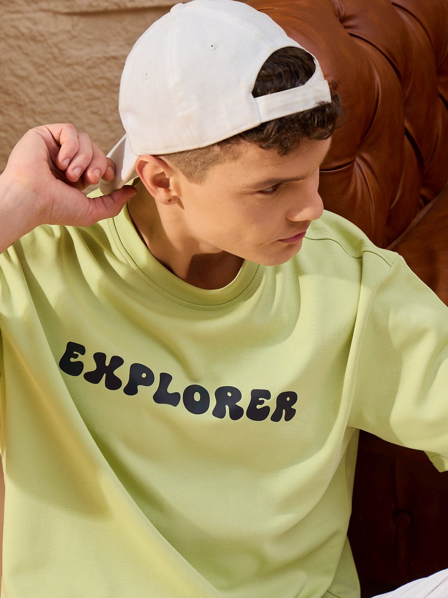 Mens Green Drop Shoulder Oversized T-Shirt with Classic Round Neck and Modern Look