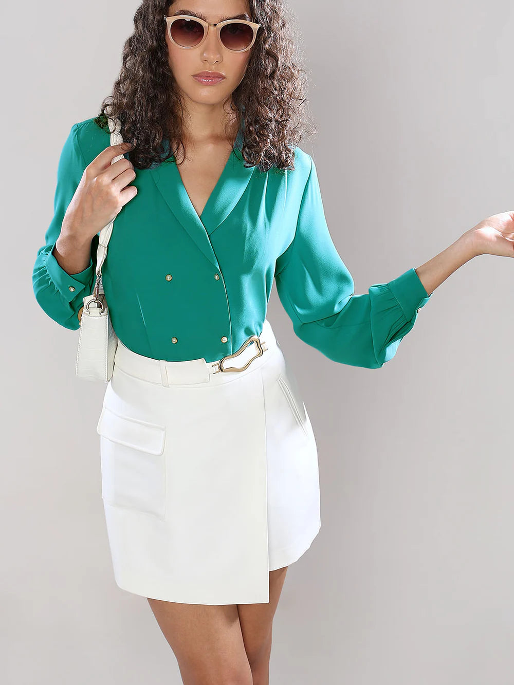 Stylish Turquoise Shawl Collar Top for Women with Modern Casual and Office Look