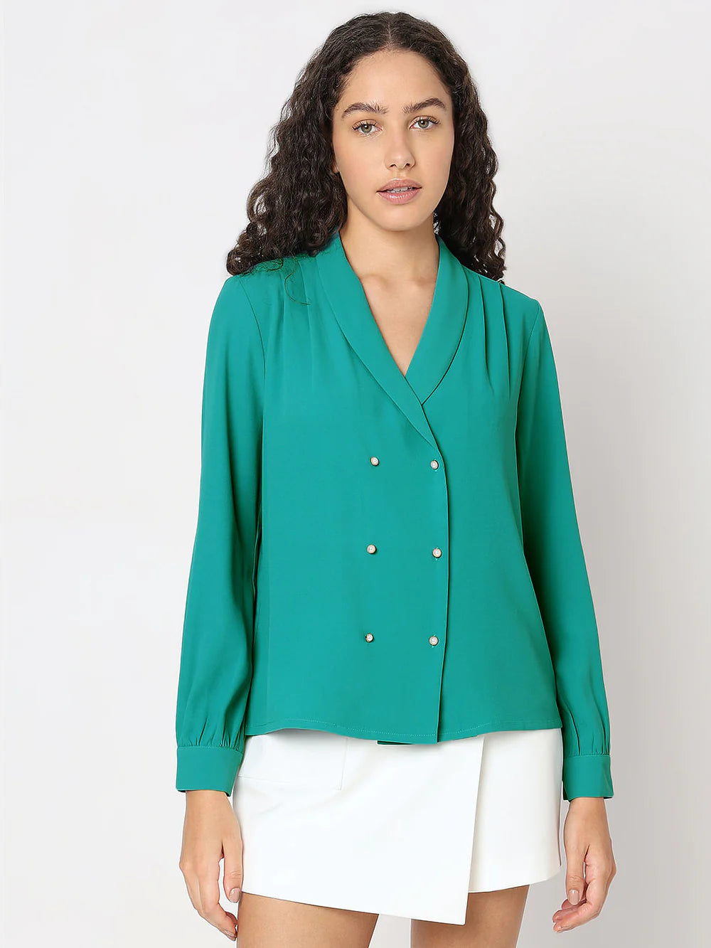 Stylish Turquoise Shawl Collar Top for Women with Modern Casual and Office Look
