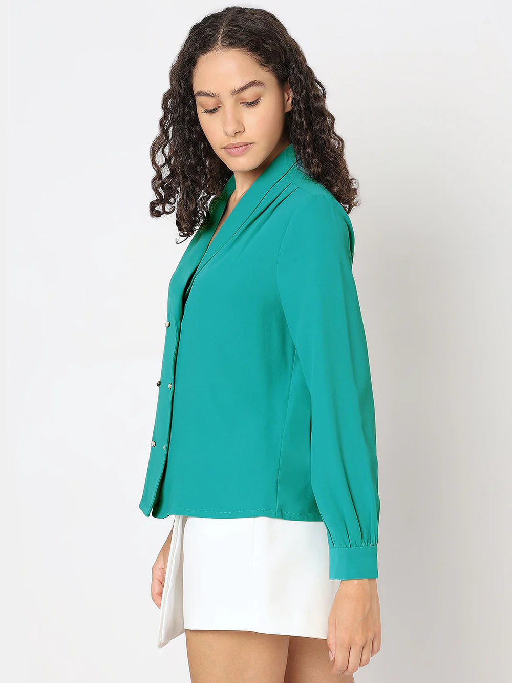 Stylish Turquoise Shawl Collar Top for Women with Modern Casual and Office Look
