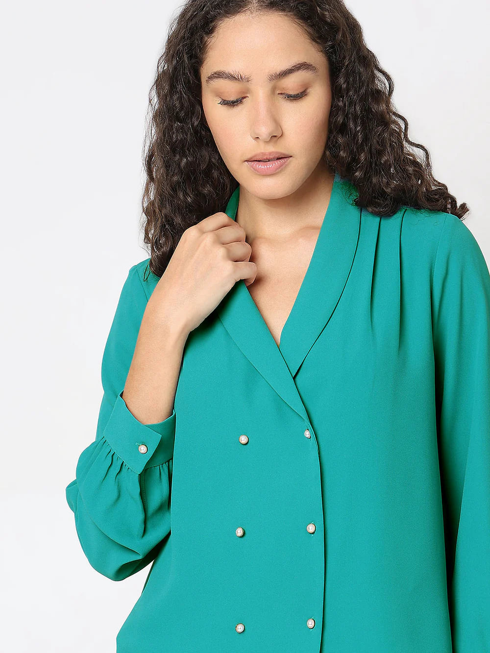 Stylish Turquoise Shawl Collar Top for Women with Modern Casual and Office Look
