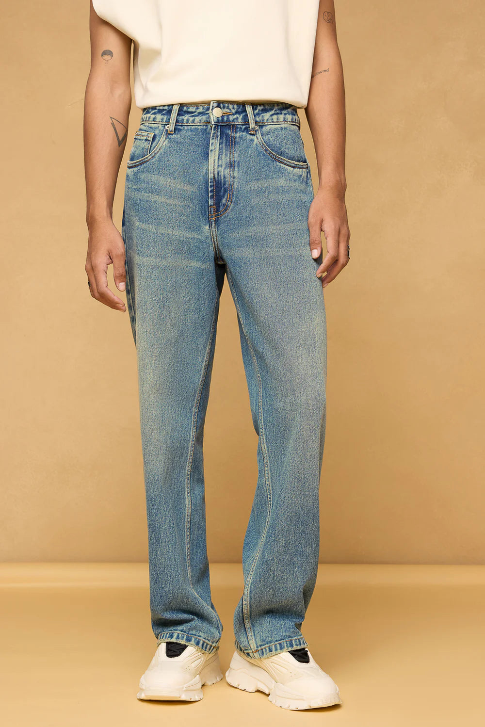 Trendy Blue Spruce Mens Baggy Straight Jeans with Relaxed Fit Casual Denim Style