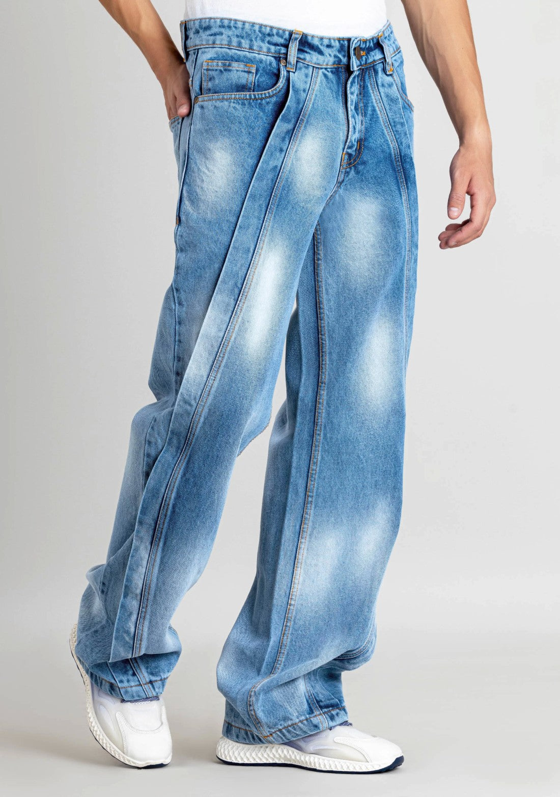 Mens Casual Blue Denim Wide Leg Jeans Modern Loose Fit Trousers
