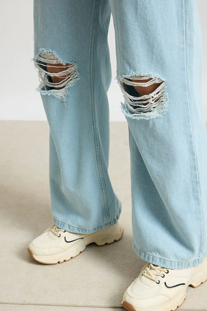 Aqua Haze Distressed Wide Leg Jeans for Women with Relaxed Fit
