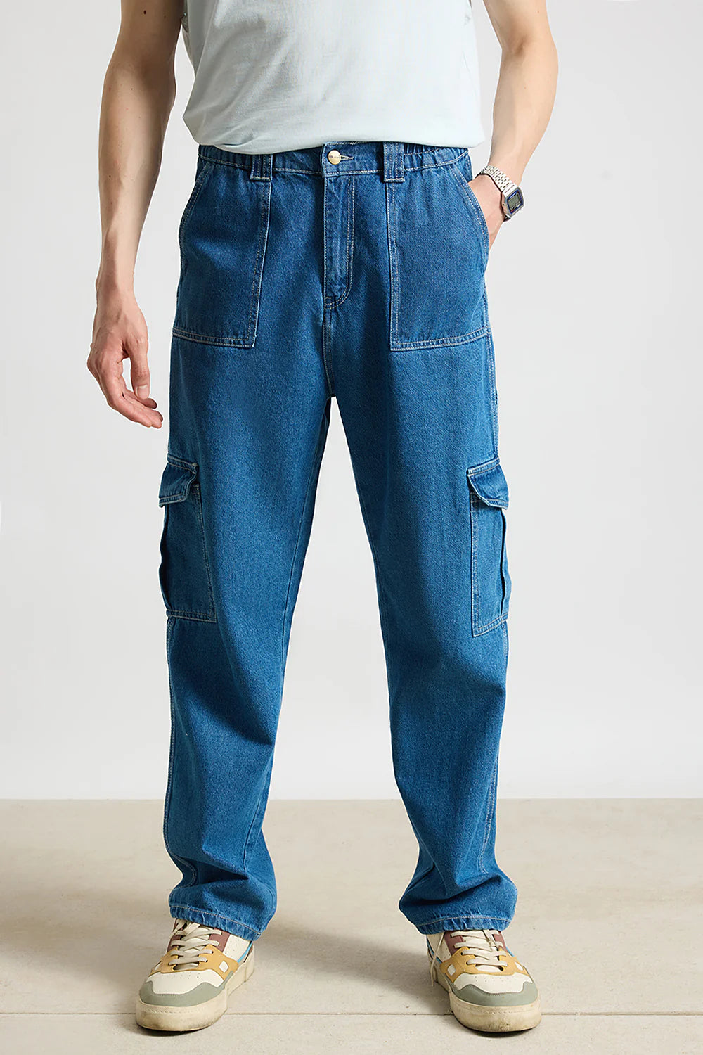 Blue Utility Men’s Baggy Straight Cargo Jeans Comfortable Loose Fit Everyday Denim