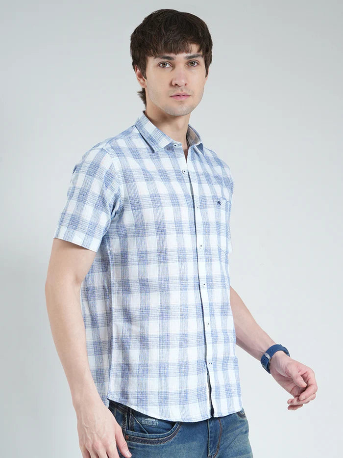 Stylish Men’s Blue Checkered Half Sleeve Shirt with Classic Collar – Casual and Office Wear Cotton Shirt for Daily Comfort