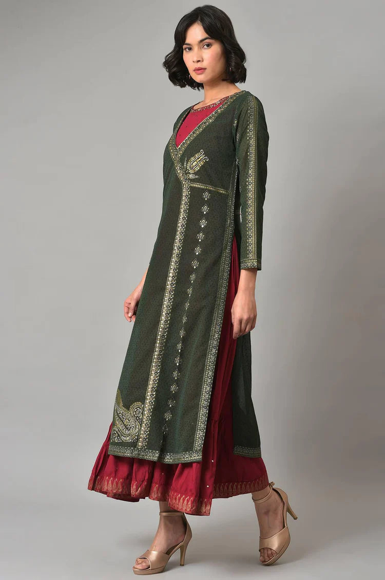 Designer-Inspired Green Mock Angrakha Style Gillet with Flowing Maroon Tiered Dress for Special Occasions