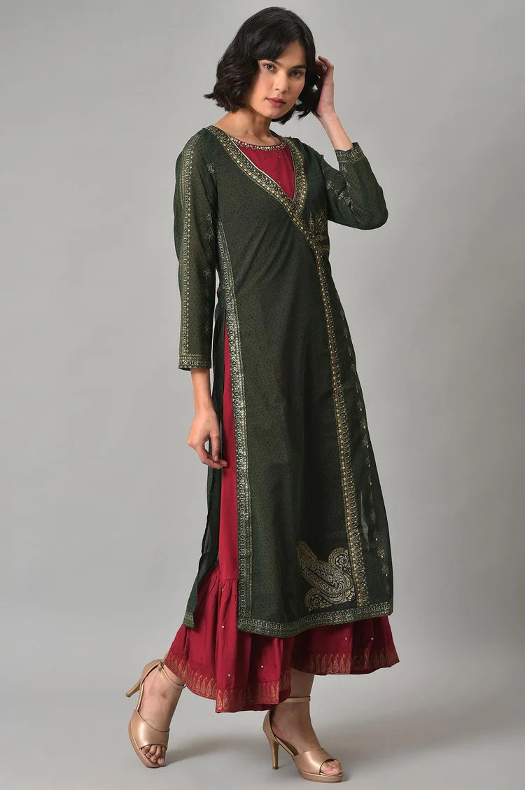 Designer-Inspired Green Mock Angrakha Style Gillet with Flowing Maroon Tiered Dress for Special Occasions