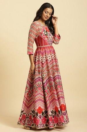 Designer Multi-Colour Floral Print Anarkali Dress and Dupatta Ensemble for Women