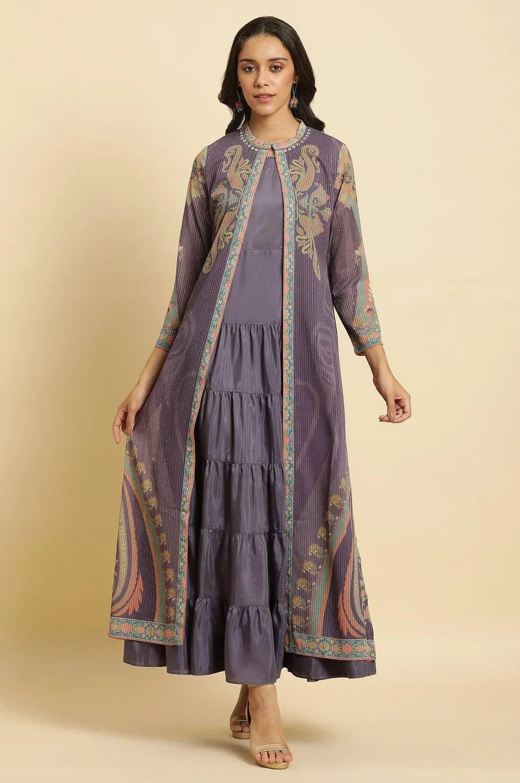 Stylish Purple Embellished Georgette Gilet and Tiered Maxi Dress for Women