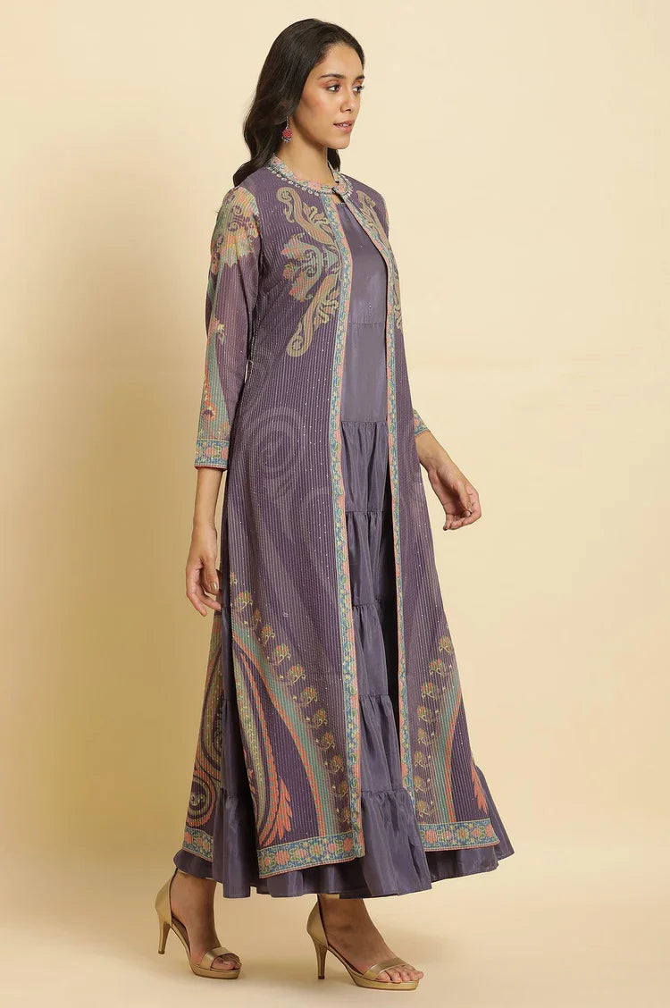 Stylish Purple Embellished Georgette Gilet and Tiered Maxi Dress for Women