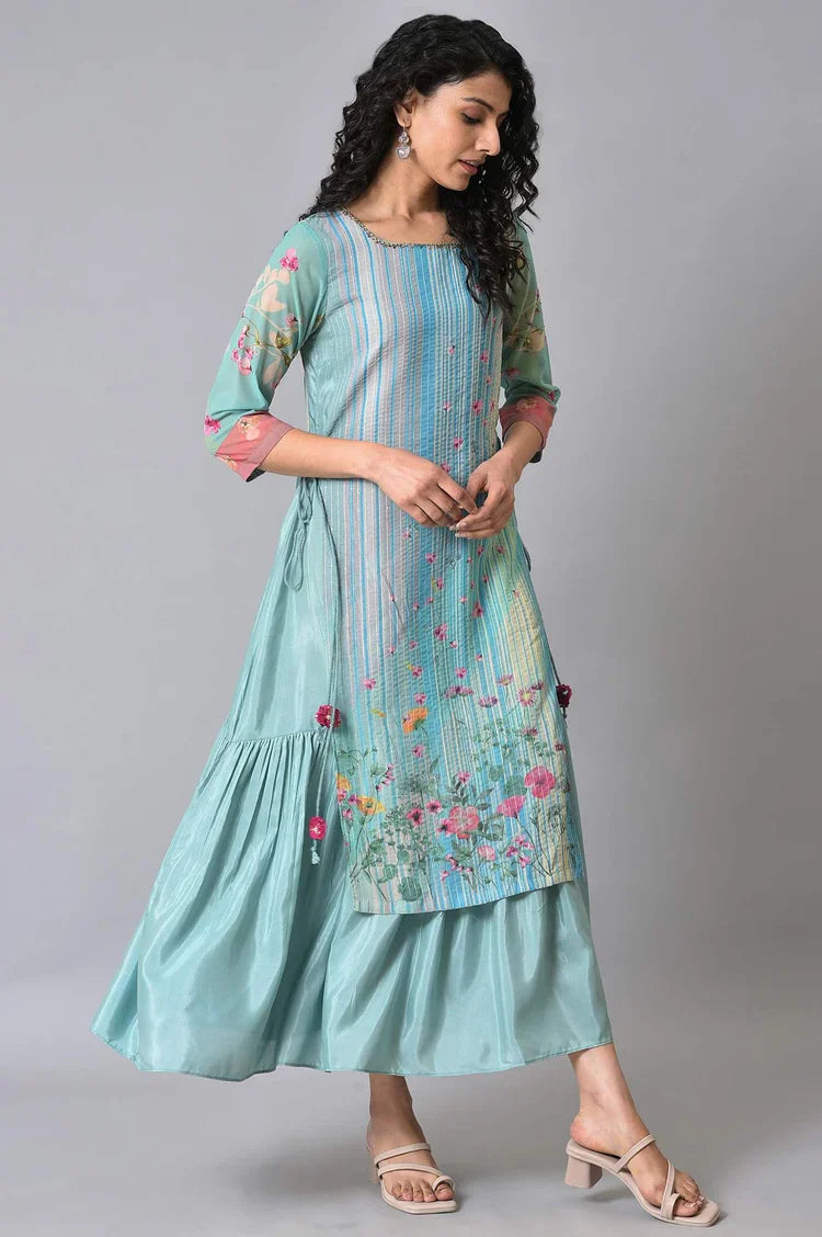 Chic Green Floral Printed Mock Layer Dress for Everyday & Holiday Wear