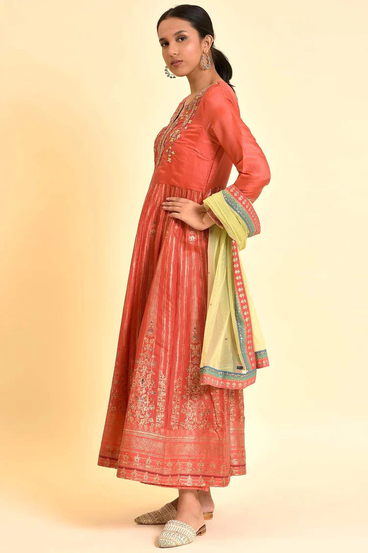 Traditional Orange Tamil Silk Embellished Anarkali Dress with Matching Dupatta