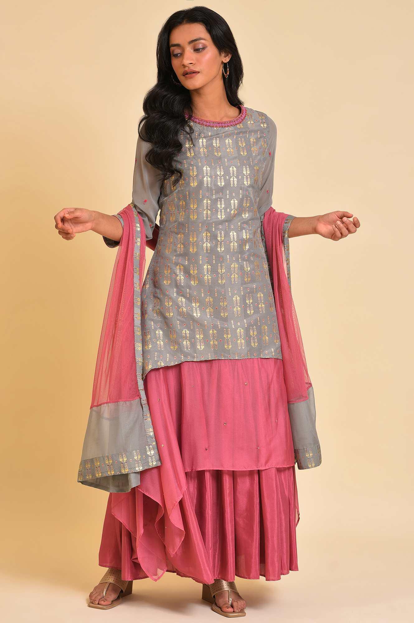 Women’s Grey and Pink Layered Asymmetric Dress with Dupatta – Elegant Contemporary Ethnic Outfit for Parties and Festive Occasions