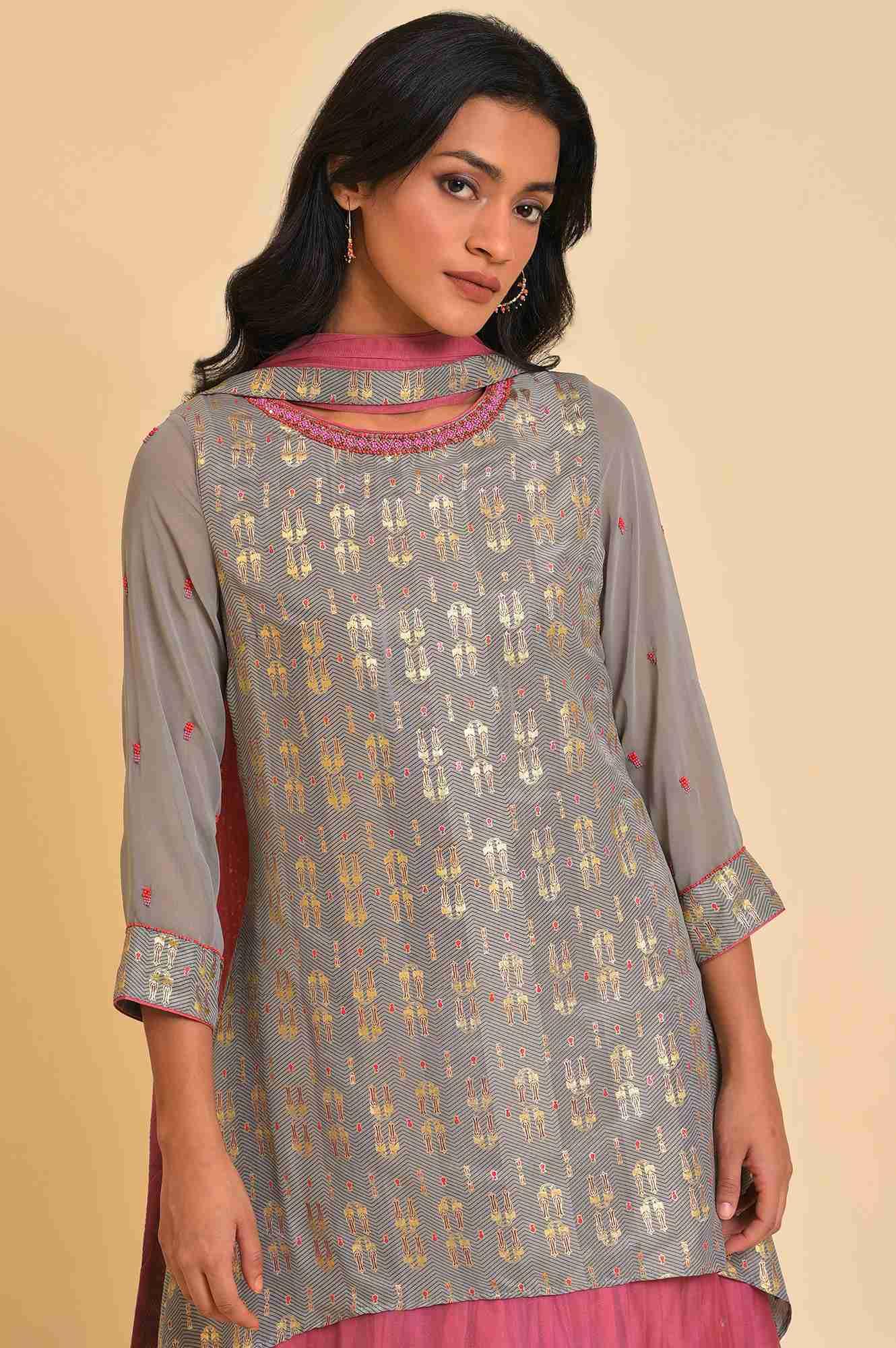 Women’s Grey and Pink Layered Asymmetric Dress with Dupatta – Elegant Contemporary Ethnic Outfit for Parties and Festive Occasions