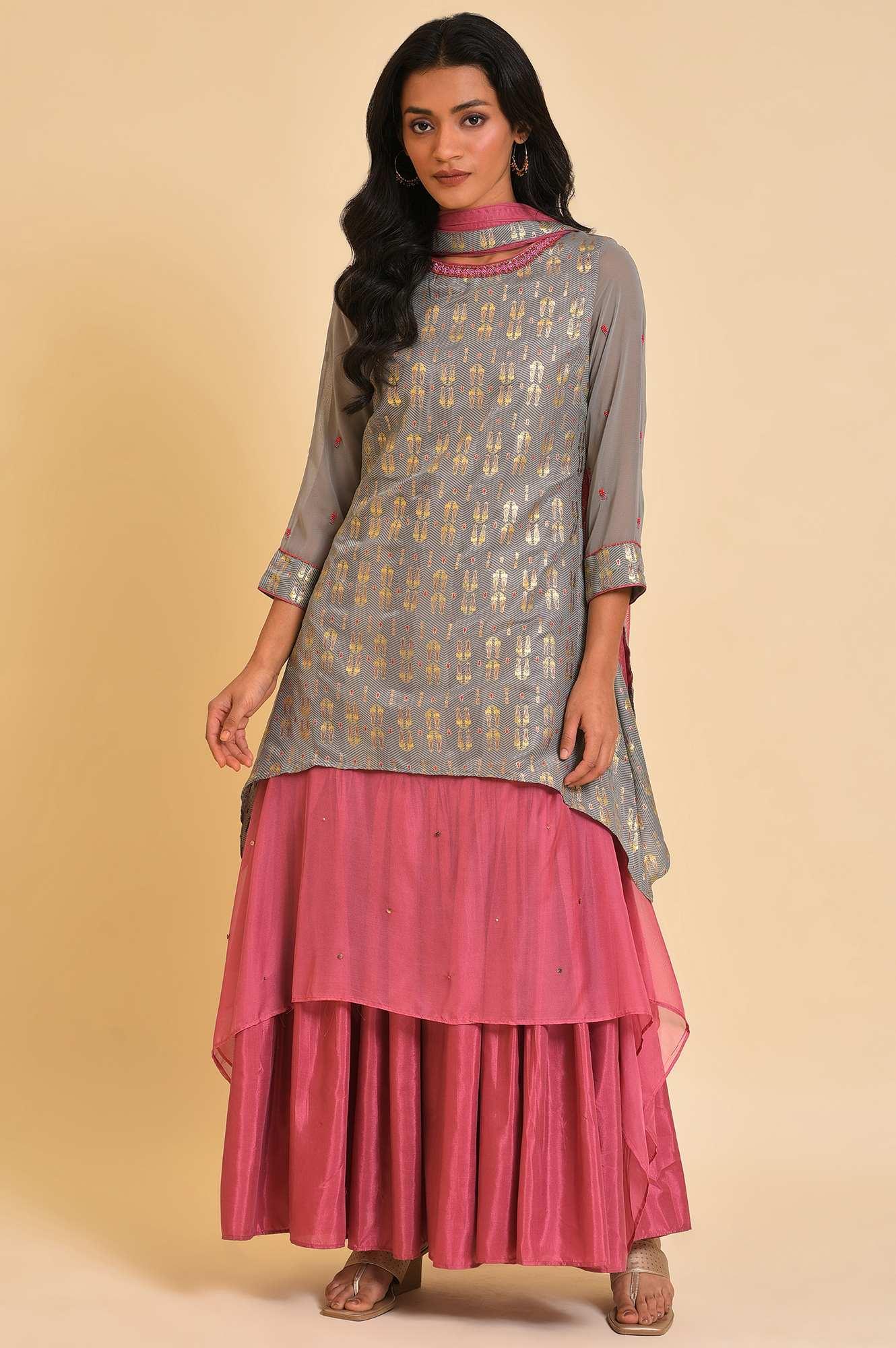 Women’s Grey and Pink Layered Asymmetric Dress with Dupatta – Elegant Contemporary Ethnic Outfit for Parties and Festive Occasions