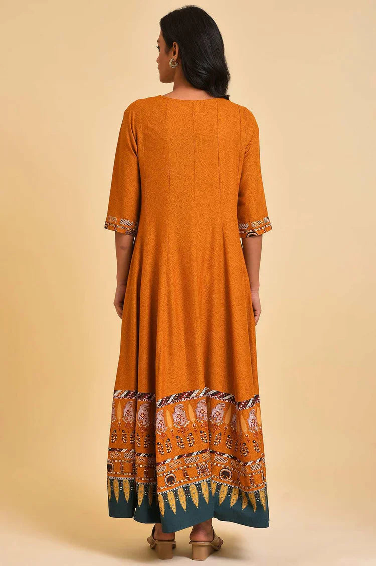Premium Mustard Flared Embroidered Dress for Festive and Evening Wear