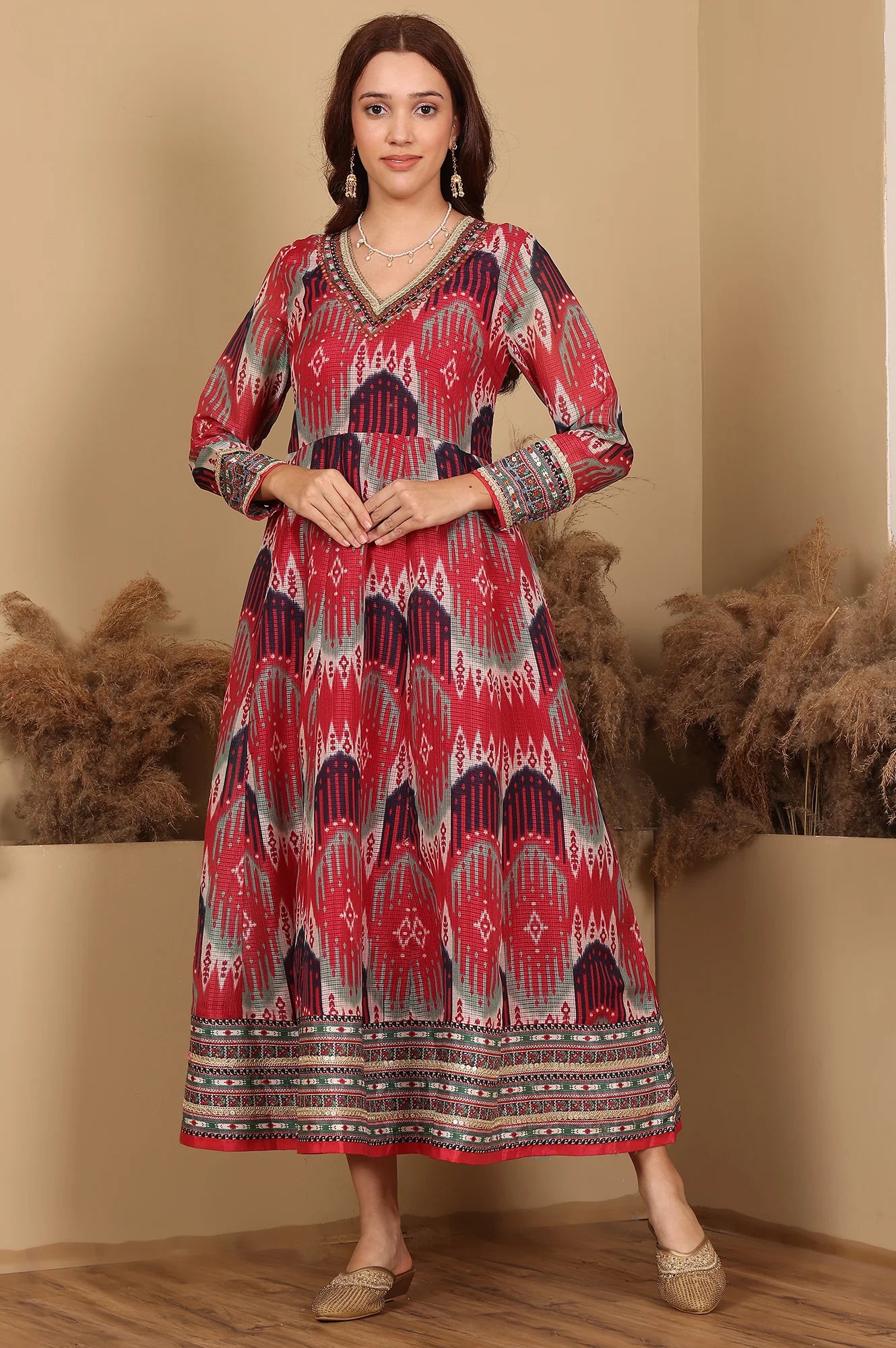 Women’s Flared Dress in Red and Multi-Coloured Ikkat Print with Thread Detailing and Mirror Work – Graceful Ethnic Ensemble for Weddings and Festivals