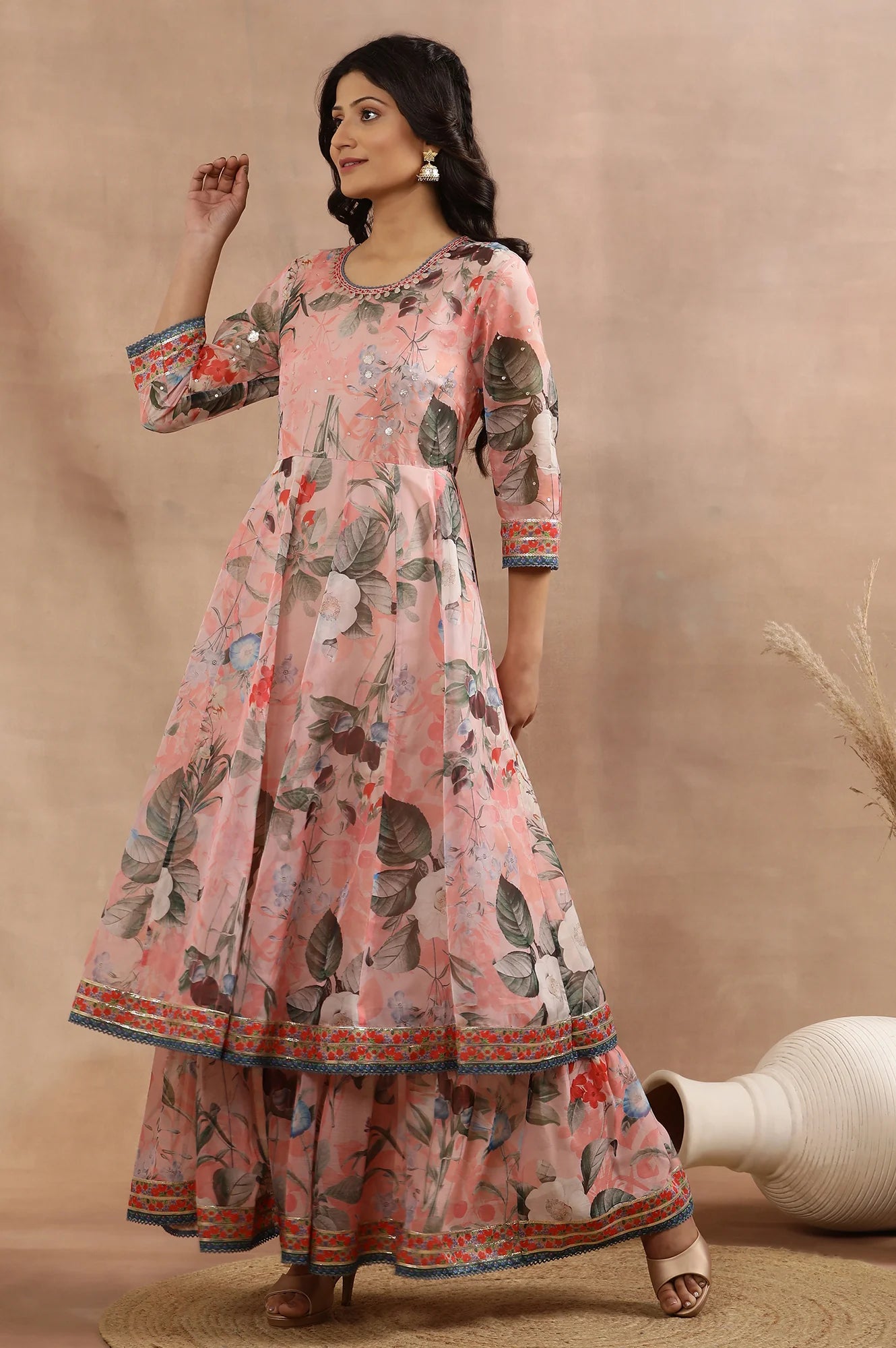 Peach Mock Layered Dress with Floral Print and Matching Dupatta – Stylish Contemporary Ethnic Ensemble for Weddings and Parties
