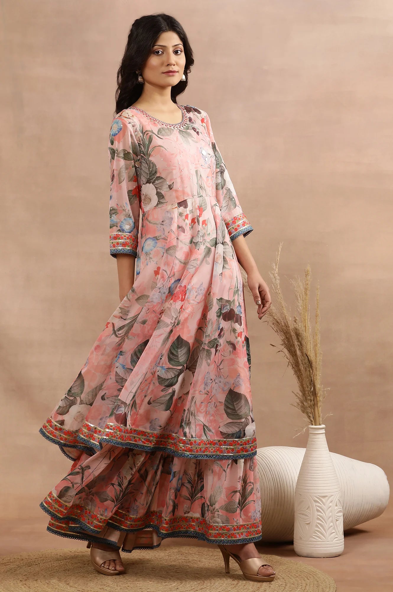 Peach Mock Layered Dress with Floral Print and Matching Dupatta – Stylish Contemporary Ethnic Ensemble for Weddings and Parties