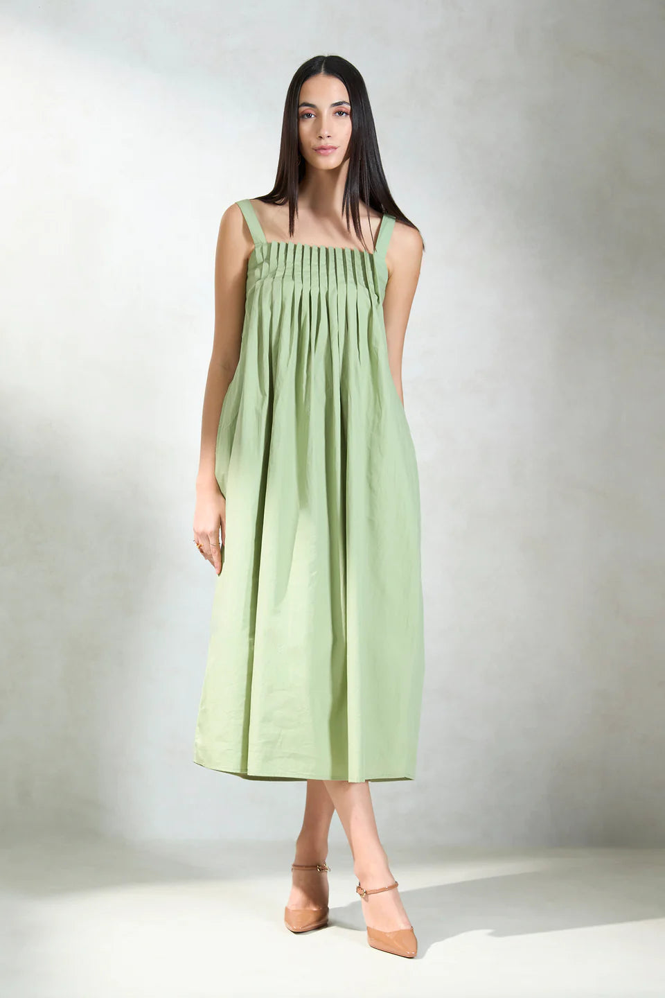 Casual and Party-Ready Cotton Midi Dress with Smocked and Pleated Front