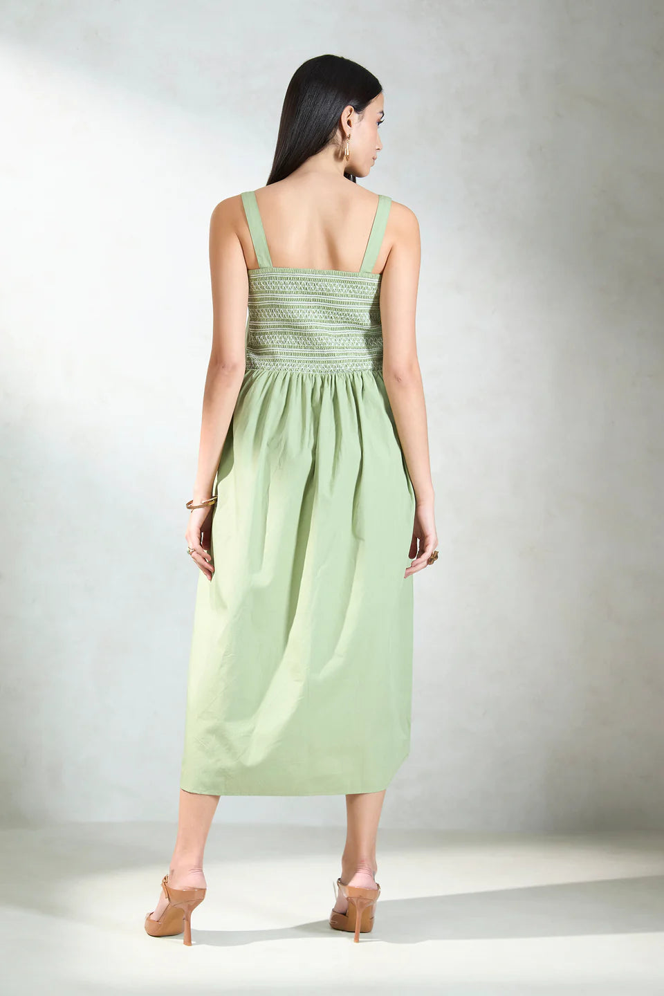 Casual and Party-Ready Cotton Midi Dress with Smocked and Pleated Front