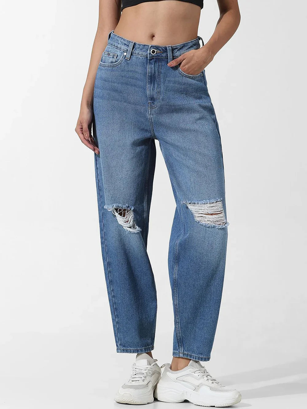 Women's Blue High-Rise Distressed Mom Jeans – Vintage-Inspired Denim with Relaxed Fit and Ripped Detailing