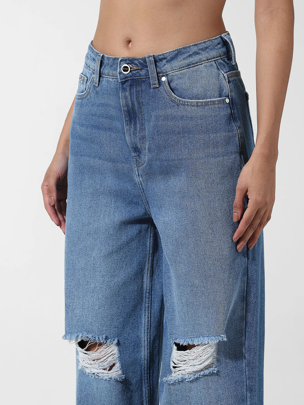 Women's Blue High-Rise Distressed Mom Jeans – Vintage-Inspired Denim with Relaxed Fit and Ripped Detailing