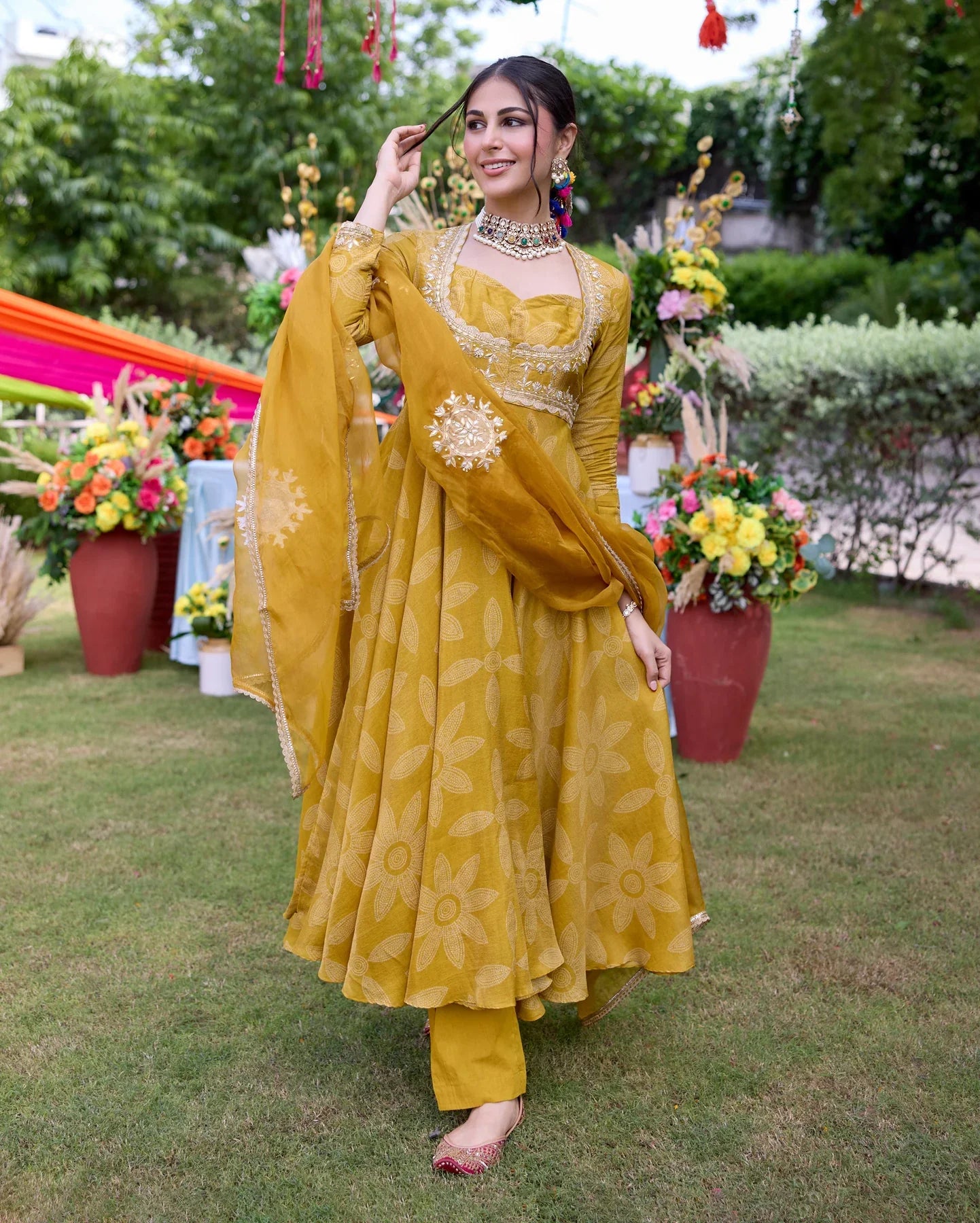 Designer Mustard Bandhani Chanderi Suit Set with Coordinated Dupatta