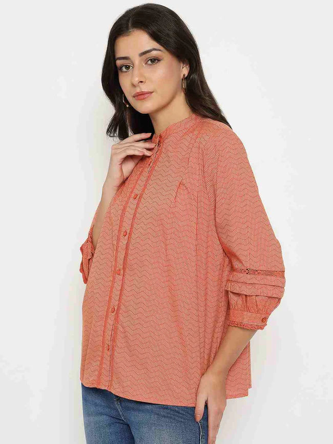 Modern Women’s Rust Red Striped Cotton Blend Top with Classic Styling for Daily Outfits