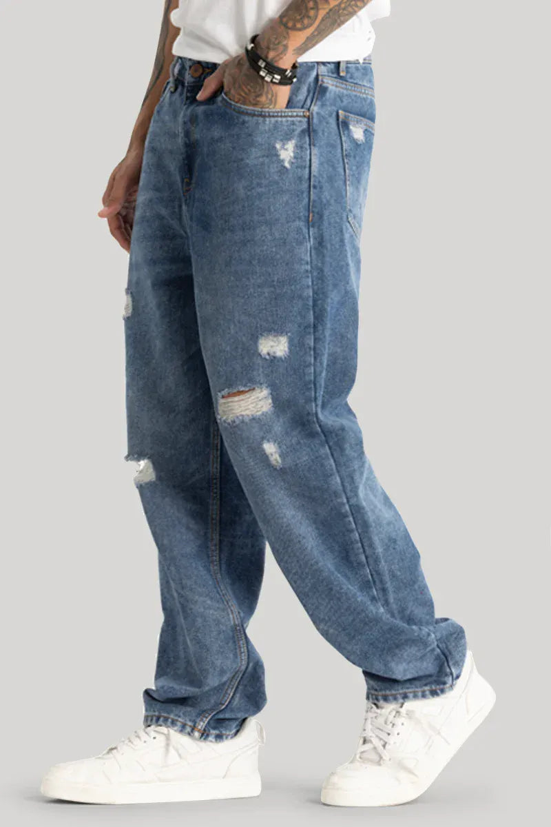 Durable Blue Loose Fit Jeans for Men with Distressed Detailing