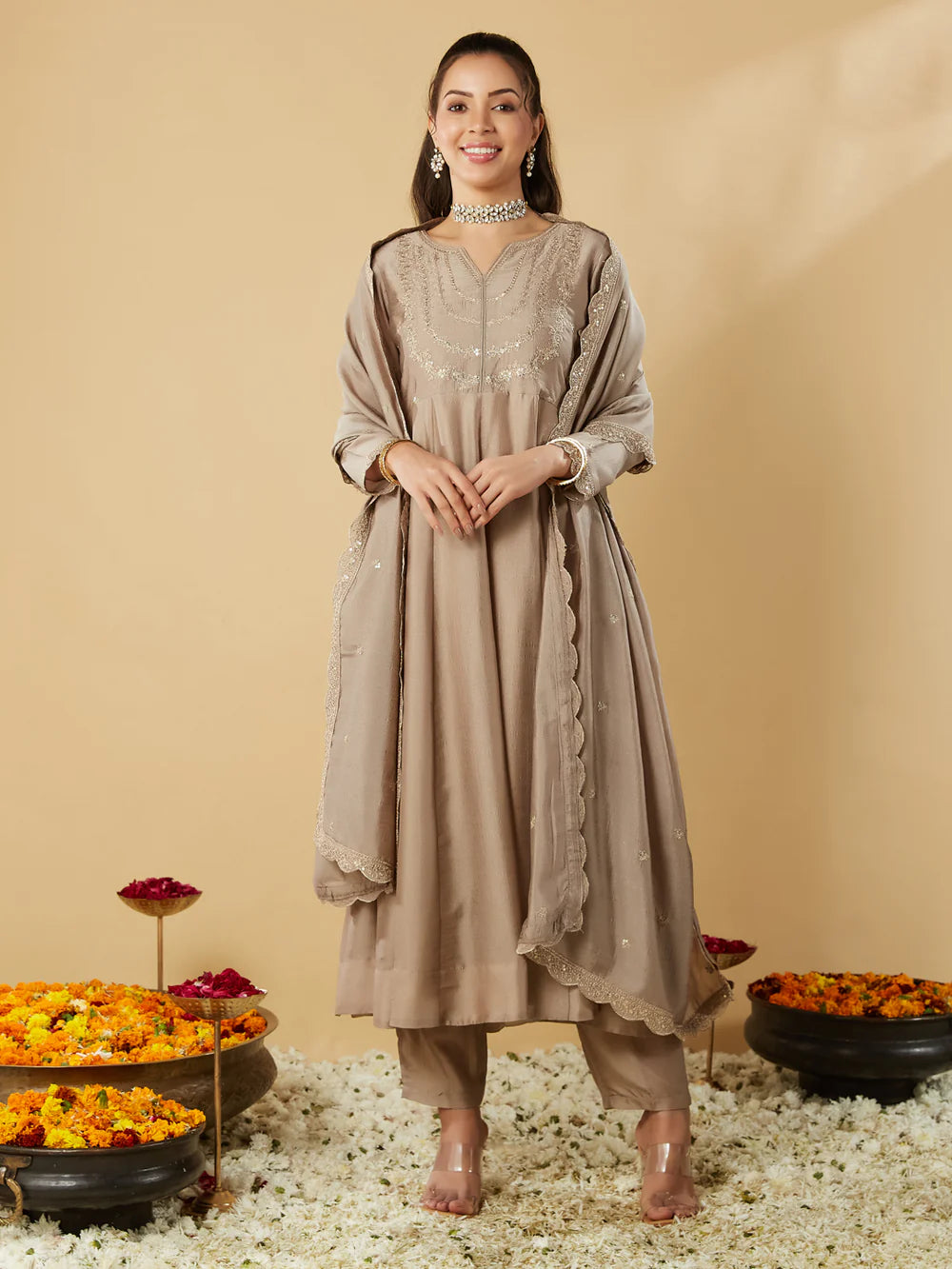 Women’s Festive Wear Cream Silk Blend Anarkali Kurta with Dupatta