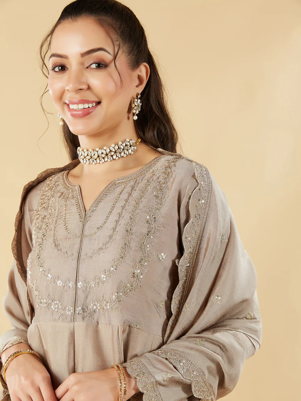 Women’s Festive Wear Cream Silk Blend Anarkali Kurta with Dupatta
