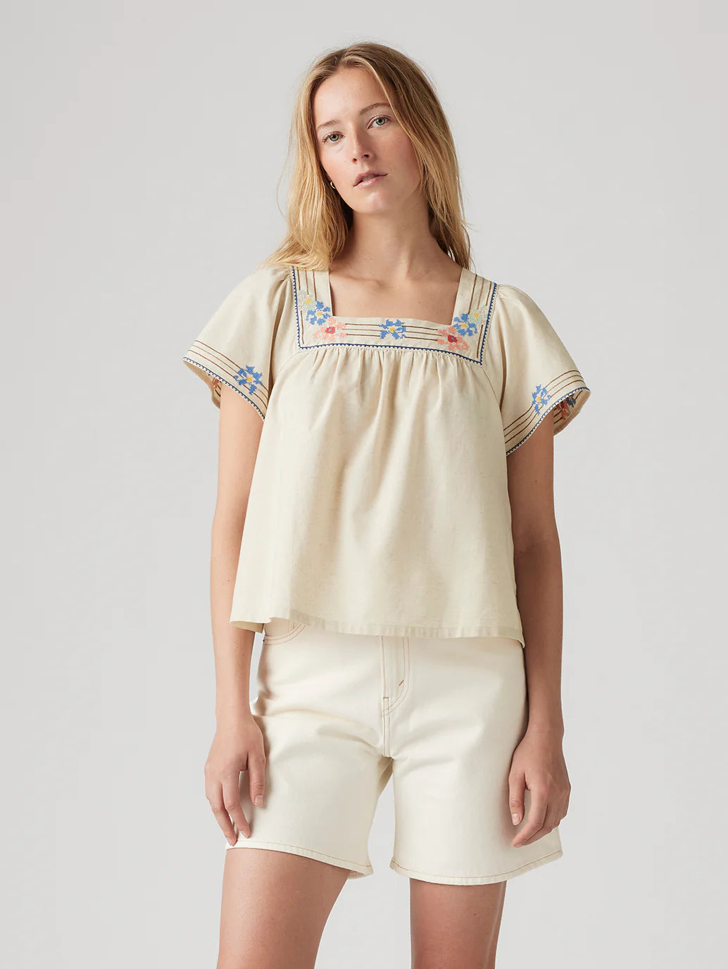 Casual Women’s Embroidered Top in Cream with Square Neck for Daily and Office Wear