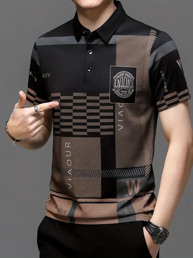 Everyday Wear Men’s Polo T-Shirt in Black with Geometric Print