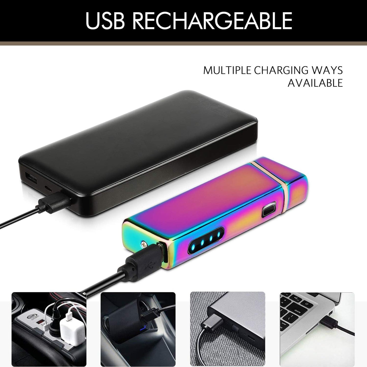USB Rechargeable Plasma Lighter with Windproof Electric Arc and Battery Indicator, Multicolor