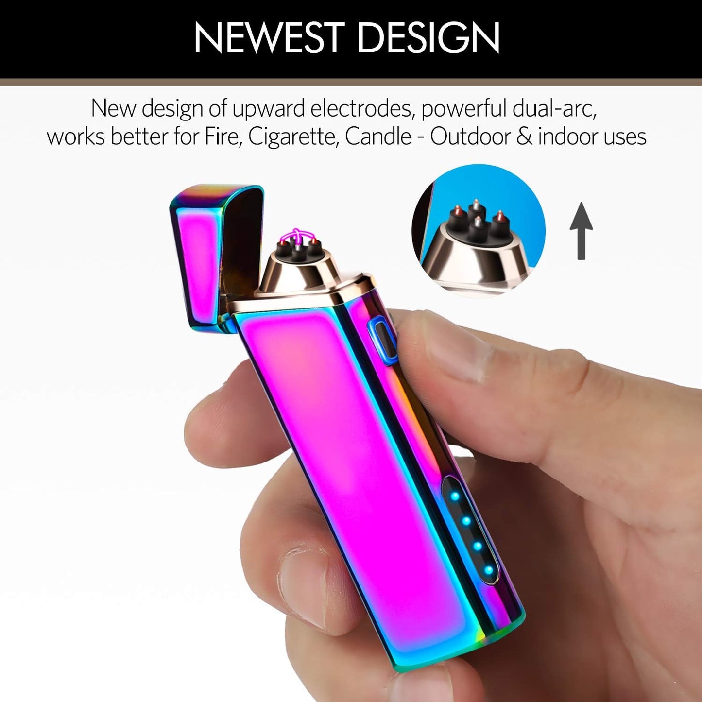 USB Rechargeable Plasma Lighter with Windproof Electric Arc and Battery Indicator, Multicolor