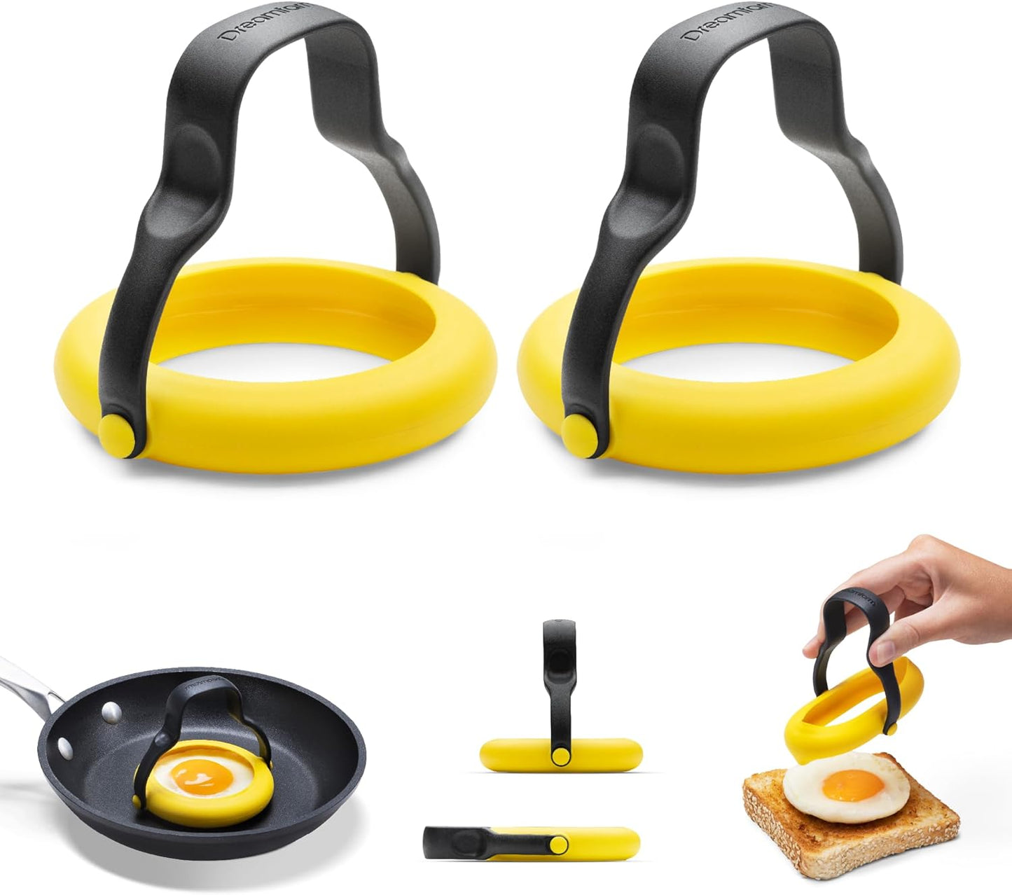 Dreamfarm Flegg 3-in-1 Egg Rings Flippers and Servers Flexible Silicone Non-Stick Safe Set of 2 Yellow/Black